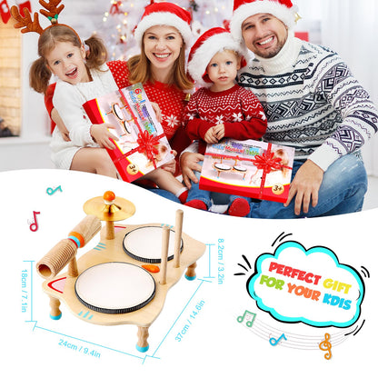 WINGYZ Kids Drum Set – 6-in-1 Wooden Musical Instruments for Toddlers 1–3, Montessori Baby Music Set with Drums, Cymbal & Tone Block, FSC-Certified Cat Design Table for Home & Classroom Learning Gift