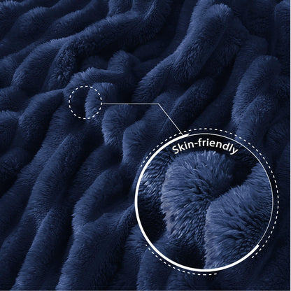 Exclusivo Mezcla Fleece Throw Blanket for Couch, Super Soft Striped Jacquard Bed Blanket, Lightweight Fuzzy Cozy for All Seasons, 50x60 Inches, Navy Blue