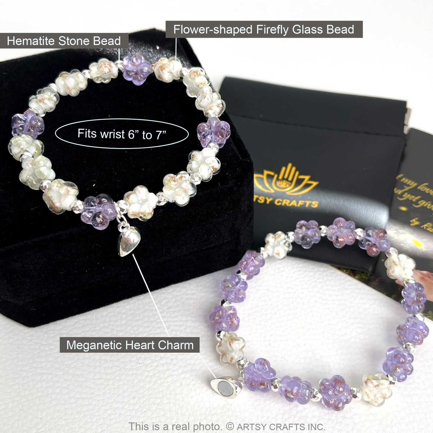 ARTSY Crafts Glow in the Dark Firefly Beads Bracelet, Unique Inspirational Bracelets with Meaning, Mermaid Crystal Healing Chakra Birthday Gifts (White+Lavender 6-7")