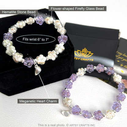 ARTSY Crafts Glow in the Dark Firefly Beads Bracelet, Unique Inspirational Bracelets with Meaning, Mermaid Crystal Healing Chakra Birthday Gifts (White+Lavender 6-7")
