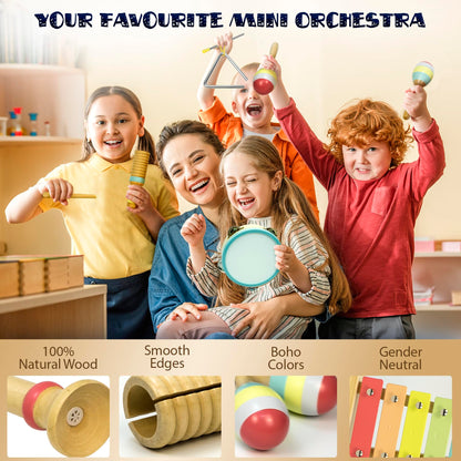 MINIARTIS Musical Instruments Set - Montessori Wooden Toys for Toddlers 1-3 | Modern Boho Baby Xylophone with Songbook | Neutral Colors Percussion Instruments | Kids Preschool Educational