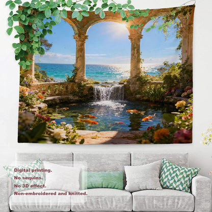 Shrahala Green Beautiful Landscape Wall Tapestry, Palace Beauty Retro Pavilion Waterfall Nature Scenery Wall Hanging Large Tapestry Decoration Fiber White Hem Around For Dorm Room Bedroom 30 X 40 In