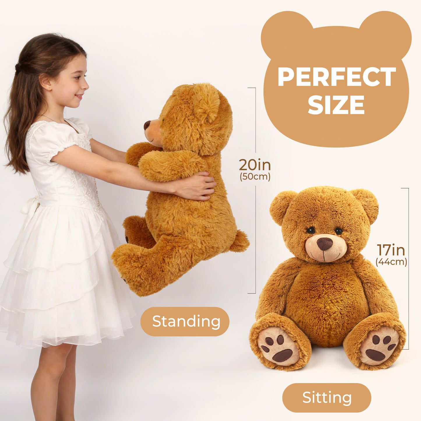LotFancy 20'' Teddy Bear Stuffed Animals, Soft Cuddly Cute Plushies, Plush Toys with Footprint Design, Stuffed Animals for Girls Kids Baby Toddlers, Baby Shower Easter Birthday Gift Decor, Brown