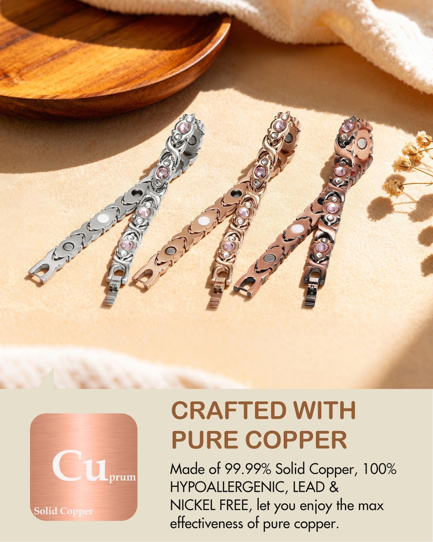 Feraco Pure Copper Bracelets for Women, 4 Elements Magnetic Bracelet with 3800 Gauss Neodymium Magnets & Dazzling Crystals, Adjustable Jewelry Gift (Silver)