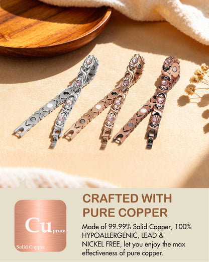 Feraco Pure Copper Bracelets for Women, 4 Elements Magnetic Bracelet with 3800 Gauss Neodymium Magnets & Dazzling Crystals, Adjustable Jewelry Gift (Silver)