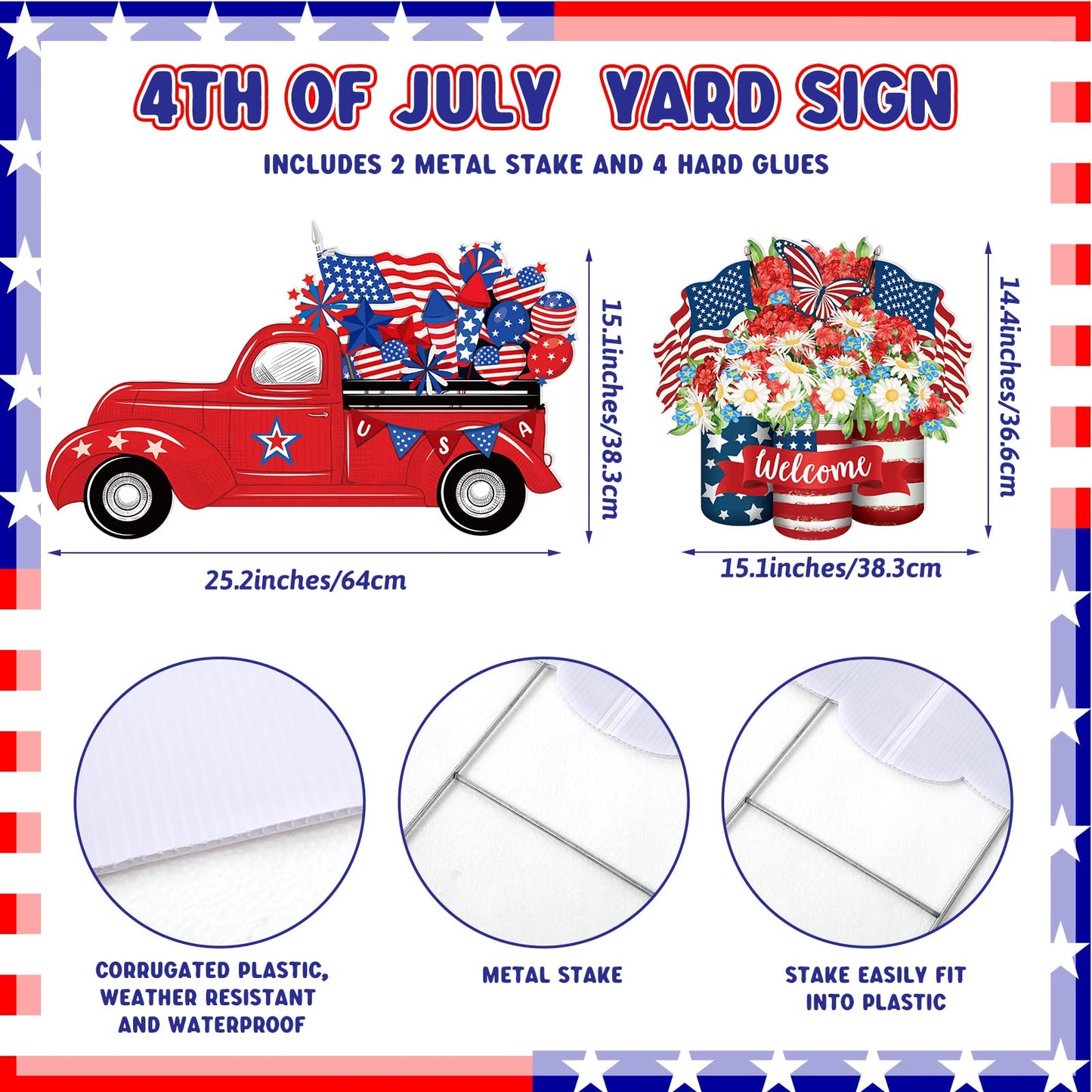 2 Psc 4th of July Yard Sign Patriotic Decorations Outdoor 250th Anniversary Memorial Day Welcome Sign with Stakes Weatherproof Independence Day Truck Flower Home Yard Decor for Garden Lawn
