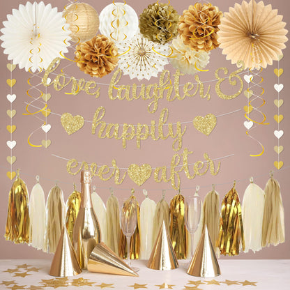 Roetyce Engagement Party Decorations, Gold Glitter Love Laughter & Happily Ever After Banner for Bridal Shower, Wedding Bachelorette Party Backdrop, Almost Married/Just Engaged Photo Background Decor