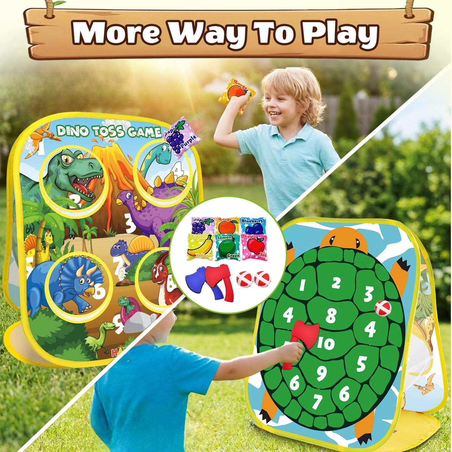 3-in-1 Dinosaur Bean Bag Toss Game for Boy Toddler Ages 3 4 5 Year Old, Cornhole Bags Set for 3-5 Preschool Kids, Outdoor Play Outside Toys in Backyard Lawn, Indoor Family Party Game, Birthday Gifts