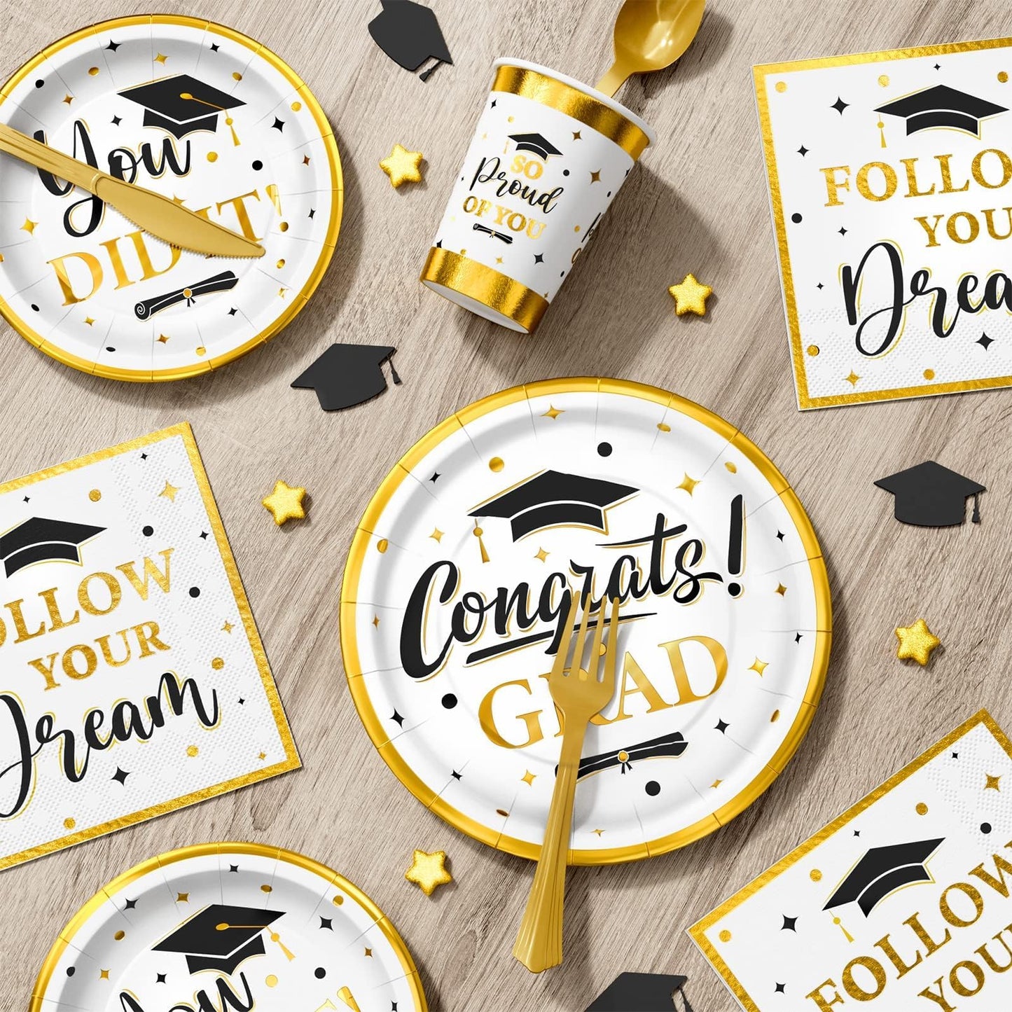 Ecomore Graduation Decoration Class of 2026, 350PCS Graduation Party Supplies Disposable Dinnerware(Serve 50) with Paper Plates Cup Napkin Fork Knife Spoon College High School Grad Decor(White & Gold)