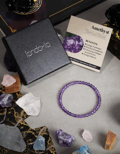 Landorilo Beaded Bracelet for Men Women, 4mm Natural Stone Amethyst Healing Crystal Stretch Bracelets, Ideal Christmas Birthday Jewelry Gifts with Energy Card，Replacement Beads Included