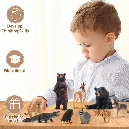 Toymany 12PCS North American Forest Animal Figurines, Realistic Jungle Zoo Animal Set Includes Moose,Cougar,Wolf,Bear,Eagle,Deer Educational Toy Cake Toppers Christmas Birthday Gift for Toddlers
