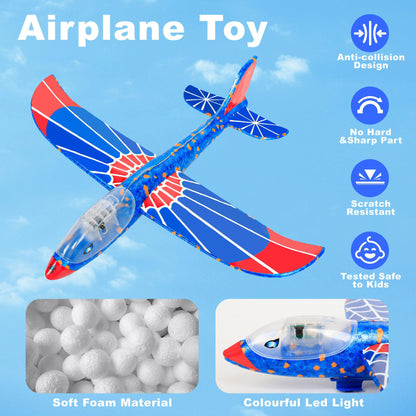 HitToys Airplane Launcher Toy for Kids, 3 Pack Spider Foam Gliders Air Planes with Led, 2 Flight Modes 3 4 5 6 7 Year Old Boys Girls Outdoor Flying Toys Outside Sport Games Birthday