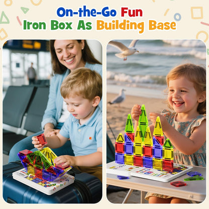 Mini Magnetic Tiles for Kids Travel - 40pcs STEM Building Blocks with Visual Storage Guide & Metal Box Play Base, Toddler Airplane Activities Toys for Ages 3-5,4-8, Compact Travel Toys