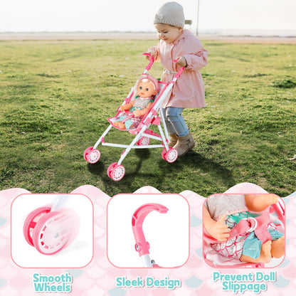 deAO Baby Doll Stroller Playset,5-in-1 with 12-inch Doll Included,Foldable Stroller,Crib Bed & Play Mat - Fits 12 14 Inch Dolls,Pink Travel Toy Set for Toddlers Girls Boys
