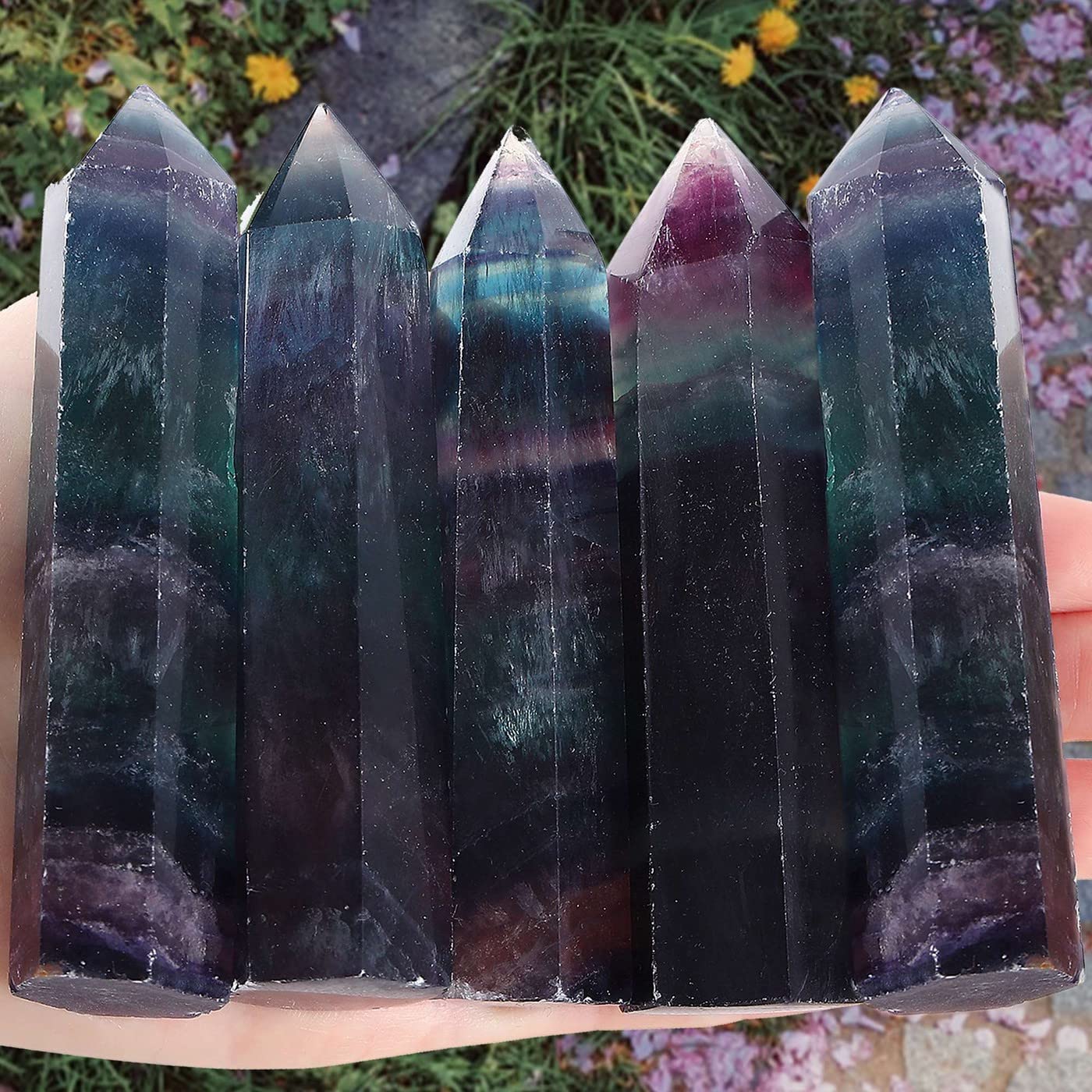 LAIDANLA Fluorite Healing Crystals Wands 3.5-4" Polishing Natural Reiki Energy Wand Stone Hexagonal Point Obelisk Large Crystal Gemstones for Meditation Therapy Crystal Grid Gifts Decoration 1Pcs