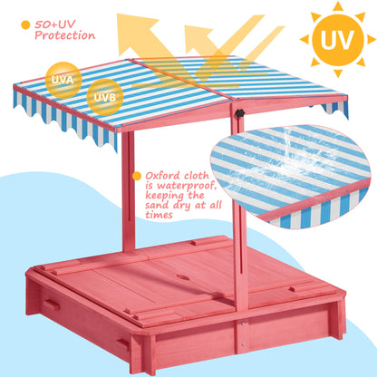 Wooden Kids Sandbox with Height-Adjustable UV-Resistant Canopy - 43x43 Inch Outdoor Play Sand Box with Lid, 2 Foldable Bench Seats & Bottom Liner, Ideal for Backyard, Garden, Beach