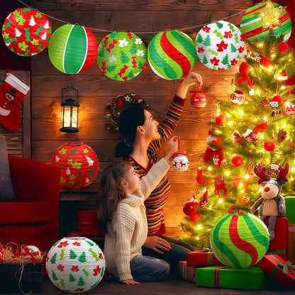 ADLKGG Christmas Party Decorations, Red Green Christmas Trees Bell Candies Printed Paper Lantern Decorative for Holiday Xmas Party Baby Shower Birthday Indoor Outdoor, 12Pcs