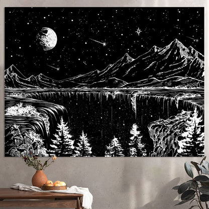 Zussun Black and White Tapestry Starry Night Mountain Tapestries for Bedroom Aesthetic Moon and Stars Tapastry's Wall Hanging Dark Nature Forest Wall Tapestry for Living Room Dorm (48'' × 36'')