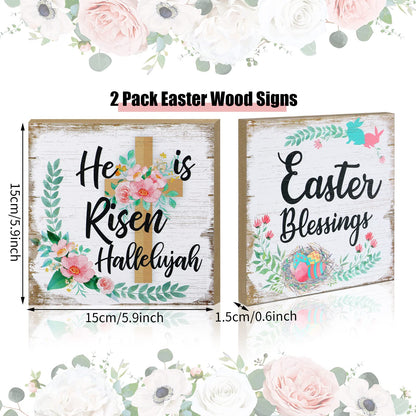 2 Pieces Farmhouse Easter Table Decoration Signs Wood Religious He Is Risen Centerpieces Flower Hallelujah Rustic Christian Jesus Block Signs Easter Decorations for Home Mantel Shelf Office Desk Decor