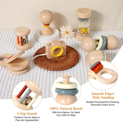 WODI Wooden Baby Toy 7pcs, Montessori Toys for Babies 0-3-6-12 Months, Toddler Hand Wooden Rattles Toy Set for Infant Grasping with Storage Bag, Sensory Development, Gift for Baby Boys Girls