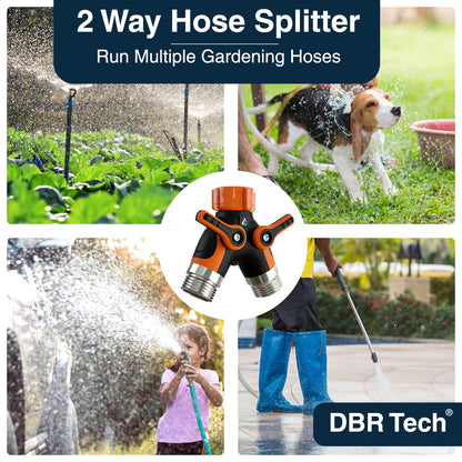 DBR Tech® Hose Splitter 2 Way, Heavy Duty Metal Connector, Two Way Garden Hose Splitter, High Flow Spigot Faucet Bib Adapter, Solid Double Y Shut Off Valve for Outdoor Gardening Hoses, Orange