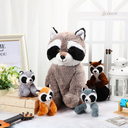 Harrycle 5 Pcs Raccoon Stuffed Animal Set Adorable Mommy Raccoon Plush with 4 Babies in Tummy Soft Cuddly Plushie for Birthday Woodland Party Decor(Cuddly Style)