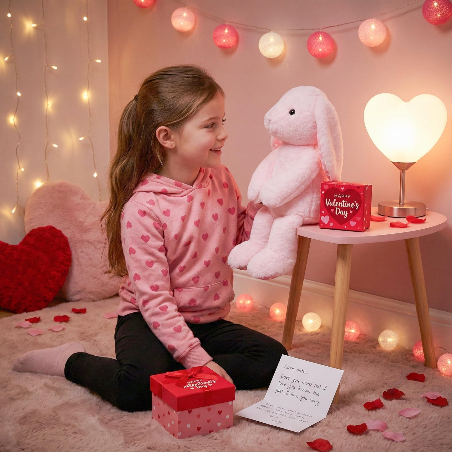 WEIGEDU Pink Rabbit Bunny Stuffed Animal Plush Toys with Floppy Ears & Heart Print for Lover, Kids, Boys, Girls, Babies - Perfect Birthday Nursery Décor Easter Christmas Bedtime Gift