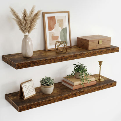 36 Inch Black Floating Shelves for Wall,9.3" Deep Long Floating Shelf Set of 2,Wood Wall Mounted Shelves Farmhouse Home Decor,Wall Storage Shelf for Bathroom Bedroom Living Room Office,Rustic Brown