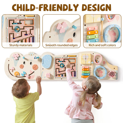 ROBUD Elephant Montessori Busy Board, 12-in-1 Activity Wall Busy Board, Montessori Sensory Wall Panel for Boys & Girls, Toddler Learning Activity Center for Playroom, Nursery, Beige