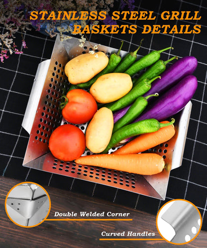 Foedo Grill Basket for Outdoor Cooking 13.4 Inch, Stainless Steel Vegetable & Fish Grilling Tray with Handle, Nonstick Dishwasher Safe BBQ Accessories for Camping, Backyard BBQ