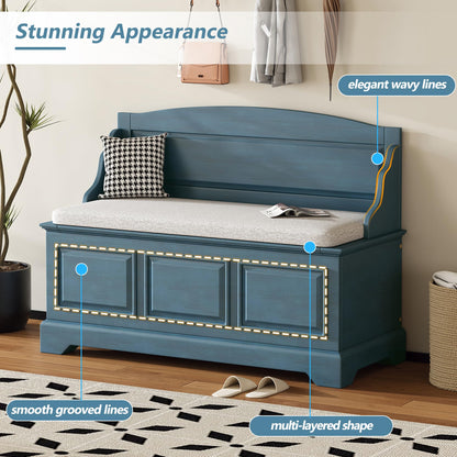 Knocbel Rustic Entry Storage Bench with Hidden Compartments and Removable Cushion, Wooden Entryway Hallway Foyer Shoe Bench Bedroom End of Bed Bench (Antique Navy and Beige)