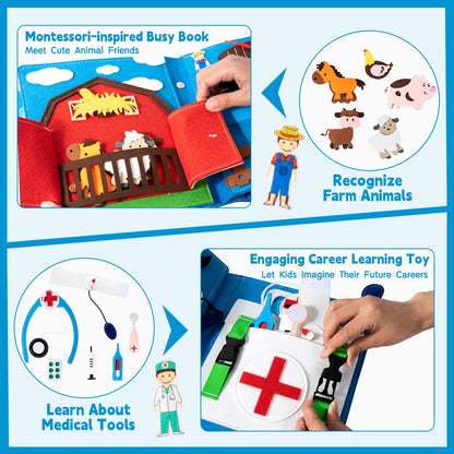 YunHe XinQiao Toys Factory My First Busy Book for Toddlers 3-5, Montessori Quiet Book with Life Skills Activities, Sensory Activity Book for Kids, Travel Toy for Airplane, (4 Career Roles)