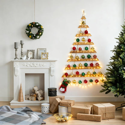 SOONOW 44" Wall Hanging Christmas Tree with Remote LED Lights and 36 Ornaments, Lighted Wood Christmas Tree for Living Room, Bedroom Holiday Wall Decor