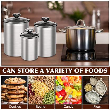 LemonRoad 5 Pcs Stainless Steel Canister with Glass Lids Airtight Food Jar Storage Canister Set (1.0qt / 1.8qt / 2.8qt / 3.9qt / 6.0qt) Food Grade Storage Containers for Kitchen (Silver)