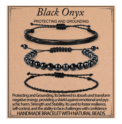 QOGIR Handmade Healing Bracelets,8mm Natural Faceted Black Onyx Gem Stone Beads Bracelet for Men Women Gifts with 2PCS Size Adjustable Rope Bracelets