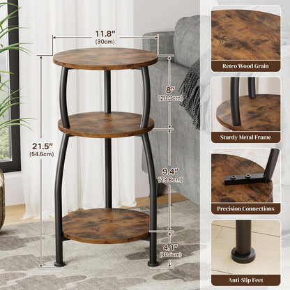 Yuede Small Round Side Table, 3-Tier End Table with Storage Shelf, Slim Coffee Table for Small Spaces, Industrial Sofa Table for Narrow Gaps in Living Room & Bedroom, Rustic Brown