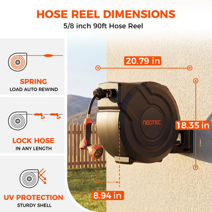 Retractable Garden Hose Reel 90 ft x 5/8 inch Automatic Slow Return 9 Sprayer Nozzle Any Length Lock Heavy Duty Wall-Mounted Hose Reels for Outside 180° Swivel UV Resistant