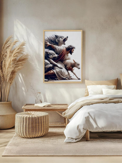 BIBLSPACE Jesus Wall Art Religious Wall Decor Christian Posters for Wall Pictures of Jesus Saves the Lost Lambs Canvas Wall Art for Living Room Bedroom Christian Wolf Art Framed 12x16 Inch