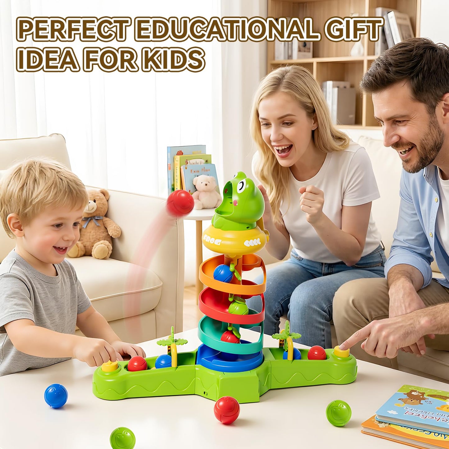 KNMDU Frog Ball Drop Toy for Kids, 5 Layer Roll Swirling Ball Tower with 12 Balls, Spin and Learn Shoot Balls Drop Montessori Toy, Gifts for Toddler Boys Girls 2 3 4 5 6 7 8+ Years Old (2 Player)