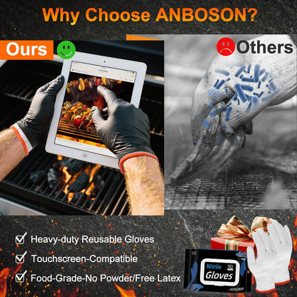 BBQ Gloves 50 Disposable nitrile Gloves with 2 Reusable Cotton Liners Guantes for Cooking Food Prep,Powder Latex Free,Heat Resistant for Grilling, Barbecue, Smoker Guante Heat Froof for Men - XLarge