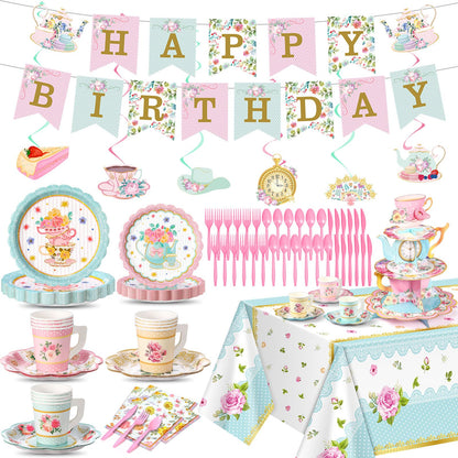 SiliFine 106 Pcs Tea Party Supplies for 12 Guests Include Plates Tea Cups Saucers Napkins Cupcake Stand Tablecloth Banners Floral Tea Party Tableware Set for Girls Birthday Baby Shower Party Favors