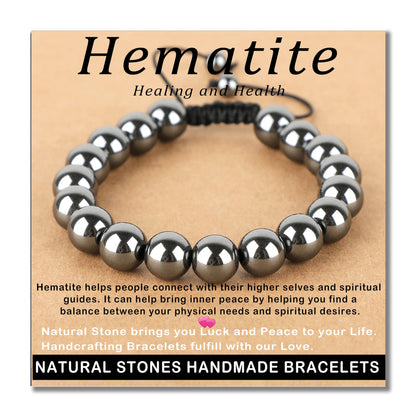 AD Beads 8mm Hematite - Healing and Health - Handmade Natural Stone Crystal Bracelet with Adjustable Macrame String - Yoga Healing Power Energy Gifts for Men and Women