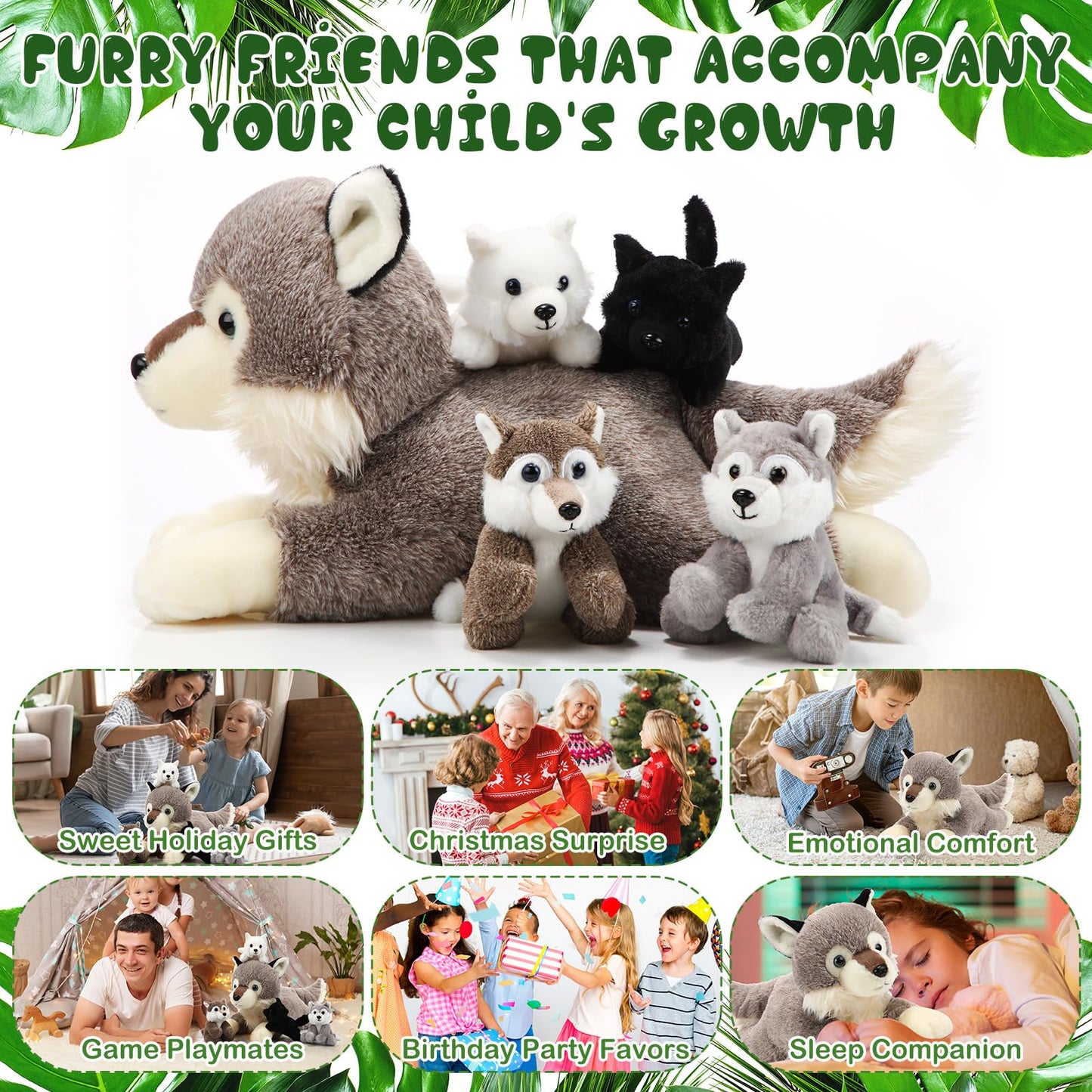 Shappy 5 Pieces Soft Wolf Stuffed Animal Family Set – 16 Inch Large Mommy Plush with 4 Small Baby Plushies on Galentines Valentines Day Easter Birthday Exchange Gifts for Kids Boys Girls