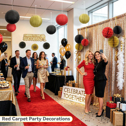 14 Pack Red Black and Gold Party Decorations Kit, Hanging Paper Lanterns & Fans for Casino Night, Red Carpet, Hollywood Theme Party, Game Night, Hibachi Party and Graduation