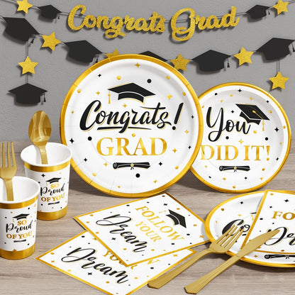 Ecomore Graduation Decoration Class of 2026, 350PCS Graduation Party Supplies Disposable Dinnerware(Serve 50) with Paper Plates Cup Napkin Fork Knife Spoon College High School Grad Decor(White & Gold)