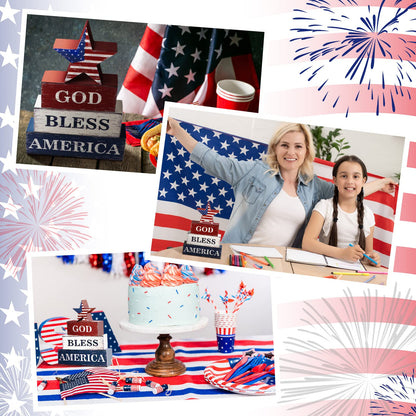 Huquary 4 Pcs 4th of July Decorations Patriotic Memorial Day Table Sign Independence Day Table Wood Decorations Red White Blue Block for Office Tiered Tray Home Shelf 250th Anniversary(Flag)