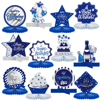 Clabby 12 Pieces Birthday Table Decorations Blue Honeycomb Centerpieces for Table Decor Cute Birthday Honeycomb Topper for Women Men Anniversary Theme Party Supplies Photo Props