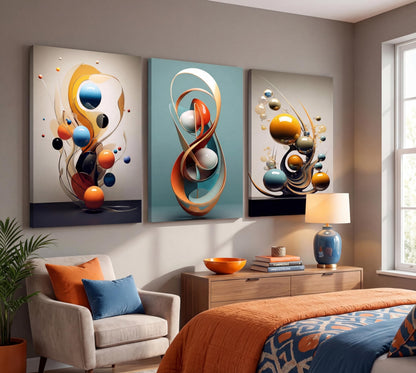 3pcs Modern Abstract Canvas Wall art Three-Dimensional Geometric Spheres Wall Decor Pictures Minimalist Medieval Posters Prints for Living Room Bedroom Office Home decorate Prepare to hang