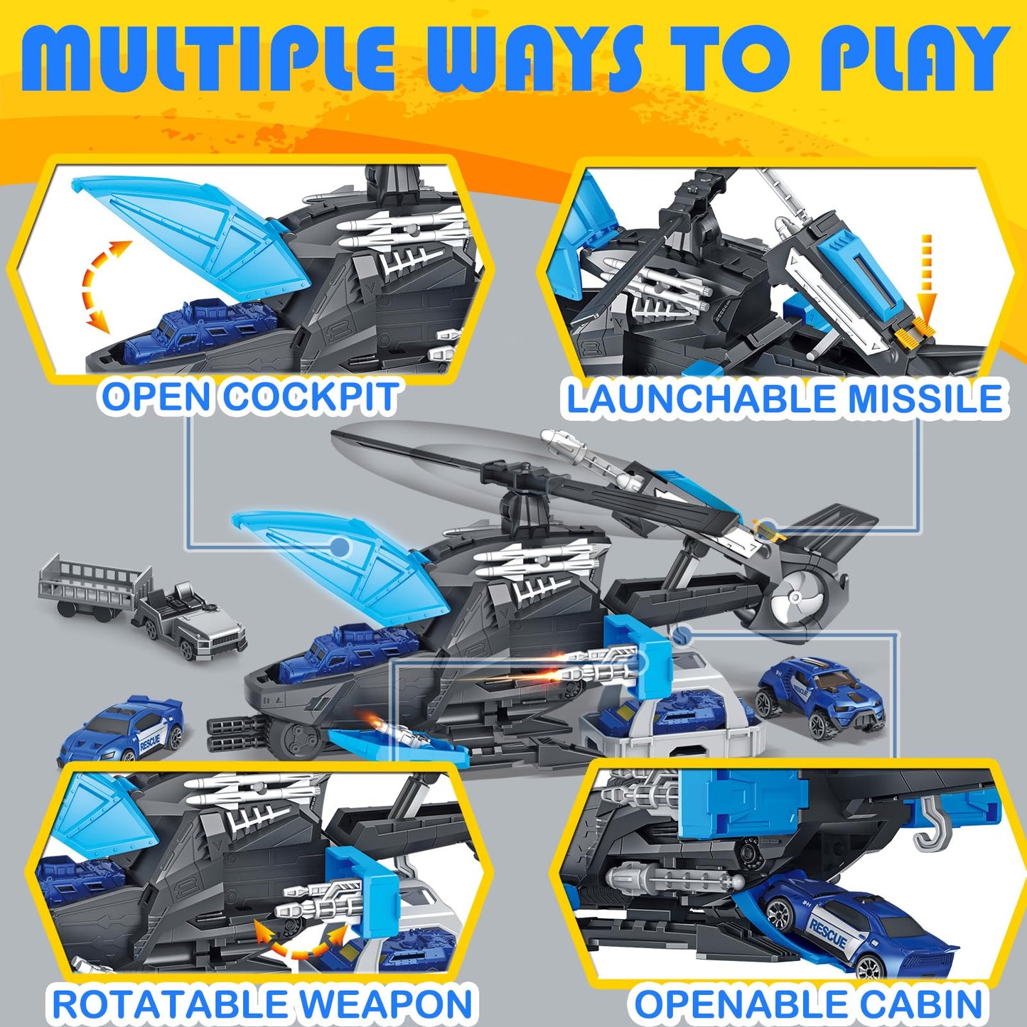 Frontoytall Police Rescue Helicopter Toy Set for Kids 3-8, Transport Cargo Helicopter with 3 Police Cars & Truck, Rotating Blades, Storage Cabin, STEM Learning Toys Gift for Boys Girls