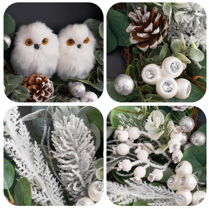Winter Wreath for Front Door, 24 Inch Christmas Wreath with Owl Decor, Pine Cones, and Evergreen Greenery, Festive Winter Door Decor, Artificial Holiday Farmhouse Rustic Wreath